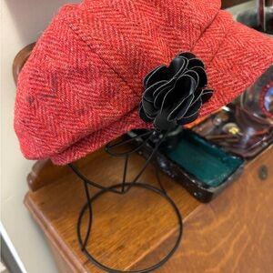 Murcos Weavers of Ireland - Red Women's Newsboy Cap with Black Flower Accent